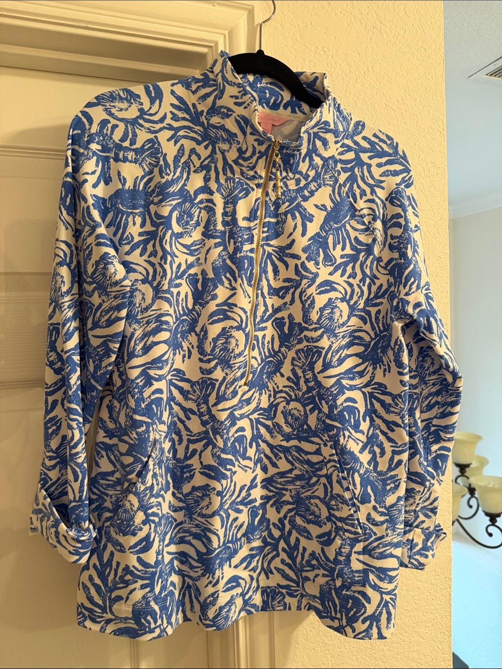 Lilly Pulitzer Blue and White Floral Half-Zip Sweatshirt